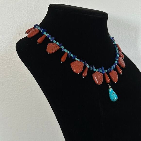 Jasper, Lapis & Turquoise Beaded 18-21.5” Statement Charm Necklace - Picture 2 of 7